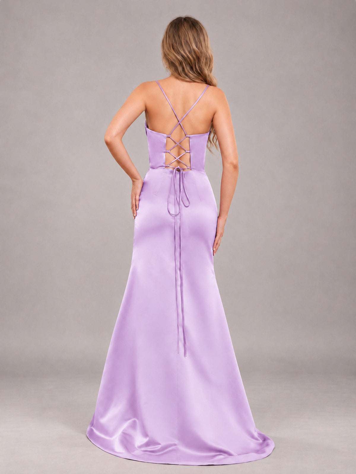 Lilac Fashionable Cowl Neck Slit Trumpet Long Satin Bridesmaid Dress