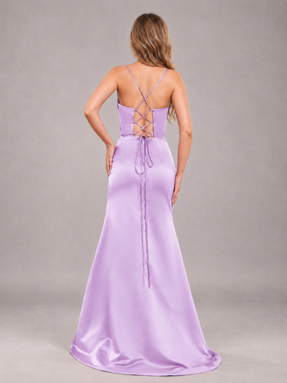 Lilac Fashionable Cowl Neck Slit Trumpet Long Satin Bridesmaid Dress