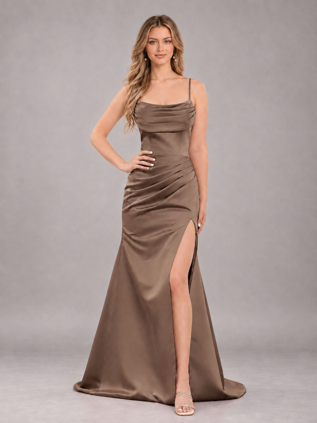 Mocha Fashionable Cowl Neck Slit Trumpet Long Satin Bridesmaid Dress
