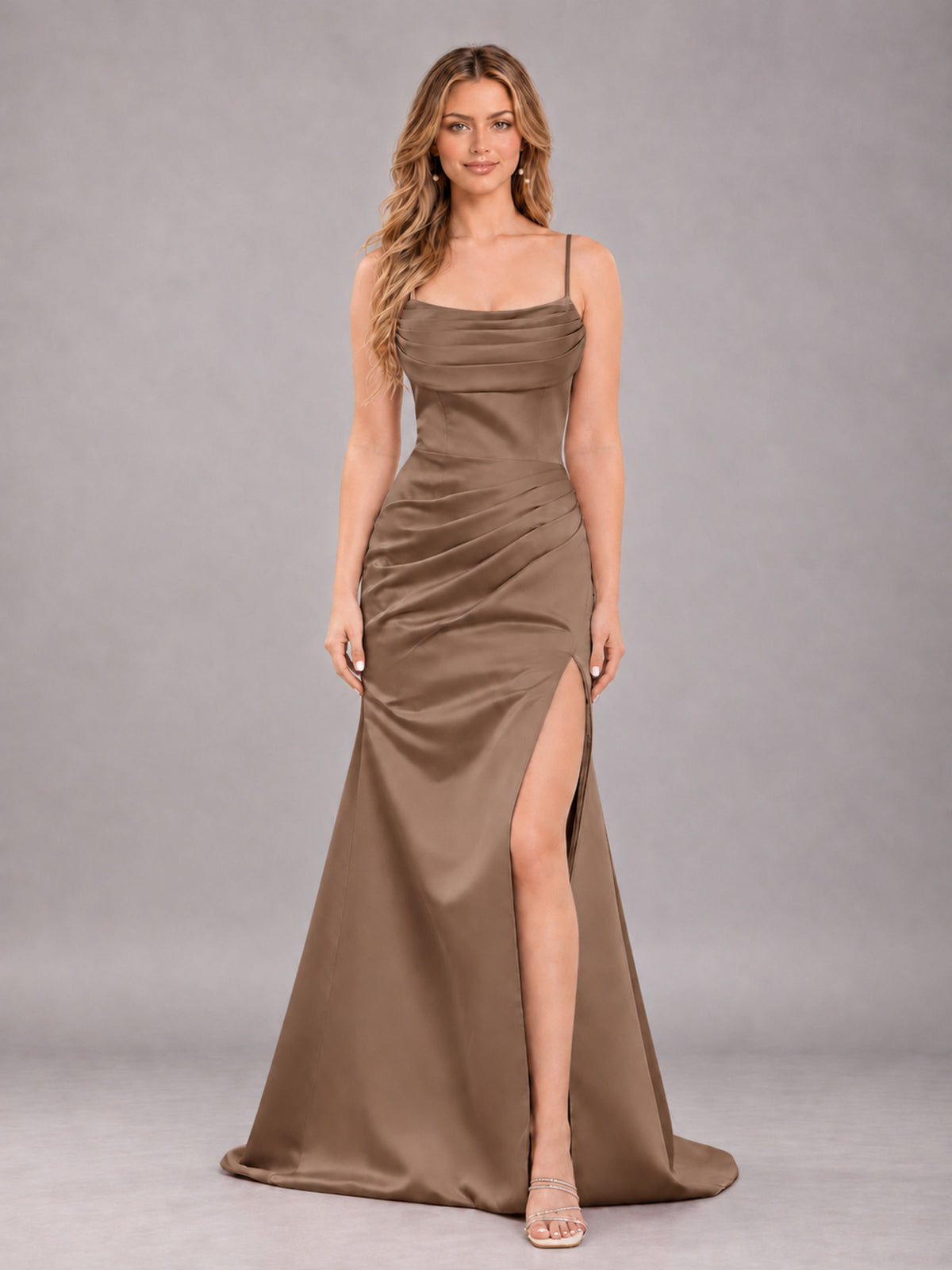 Mocha Fashionable Cowl Neck Slit Trumpet Long Satin Bridesmaid Dress