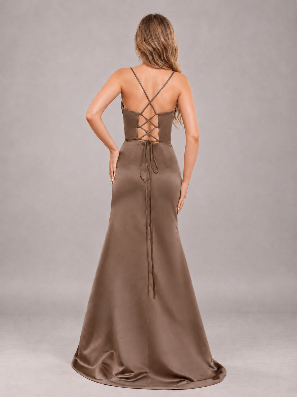 Mocha Fashionable Cowl Neck Slit Trumpet Long Satin Bridesmaid Dress