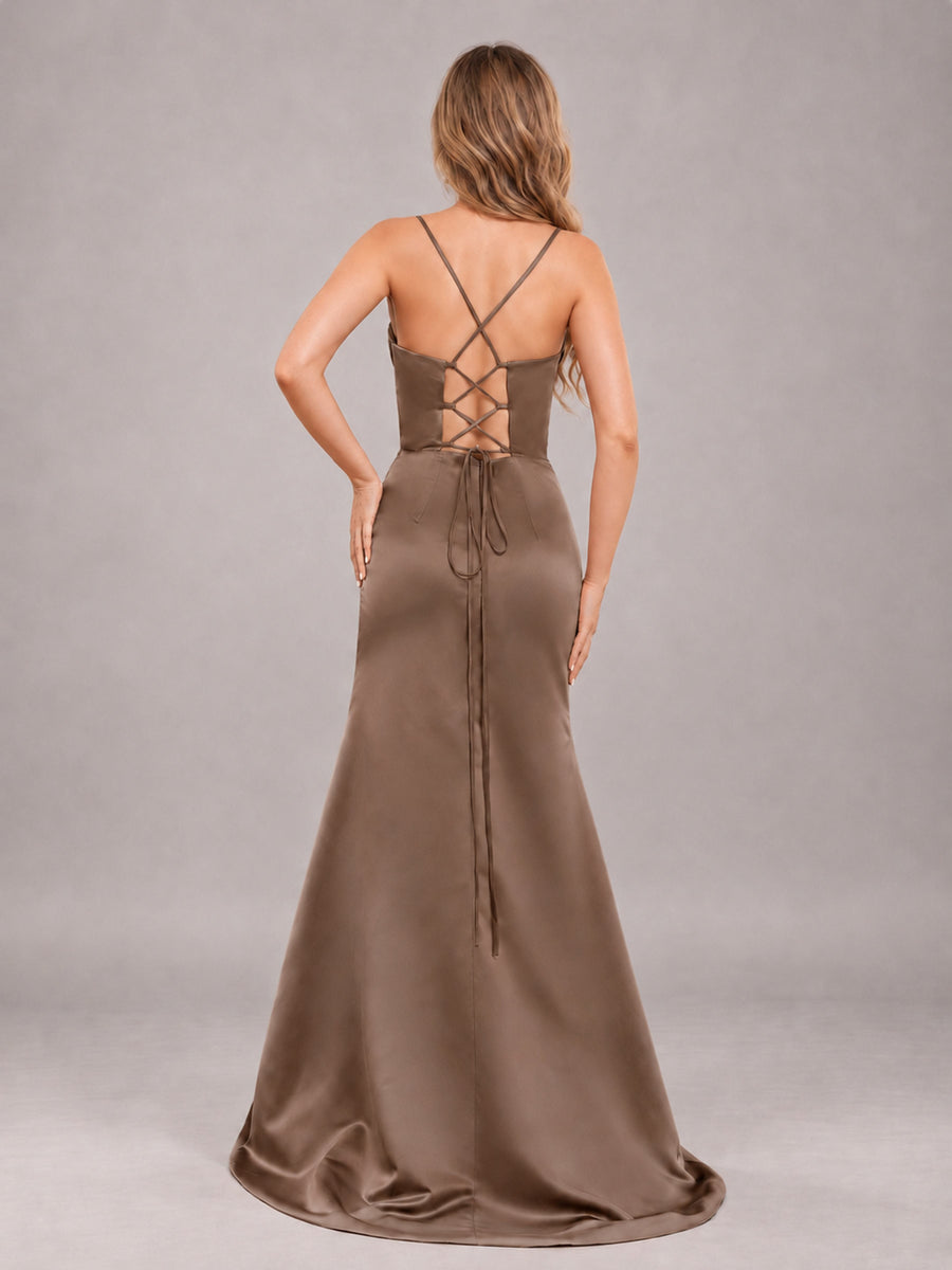 Mocha Fashionable Cowl Neck Slit Trumpet Long Satin Bridesmaid Dress