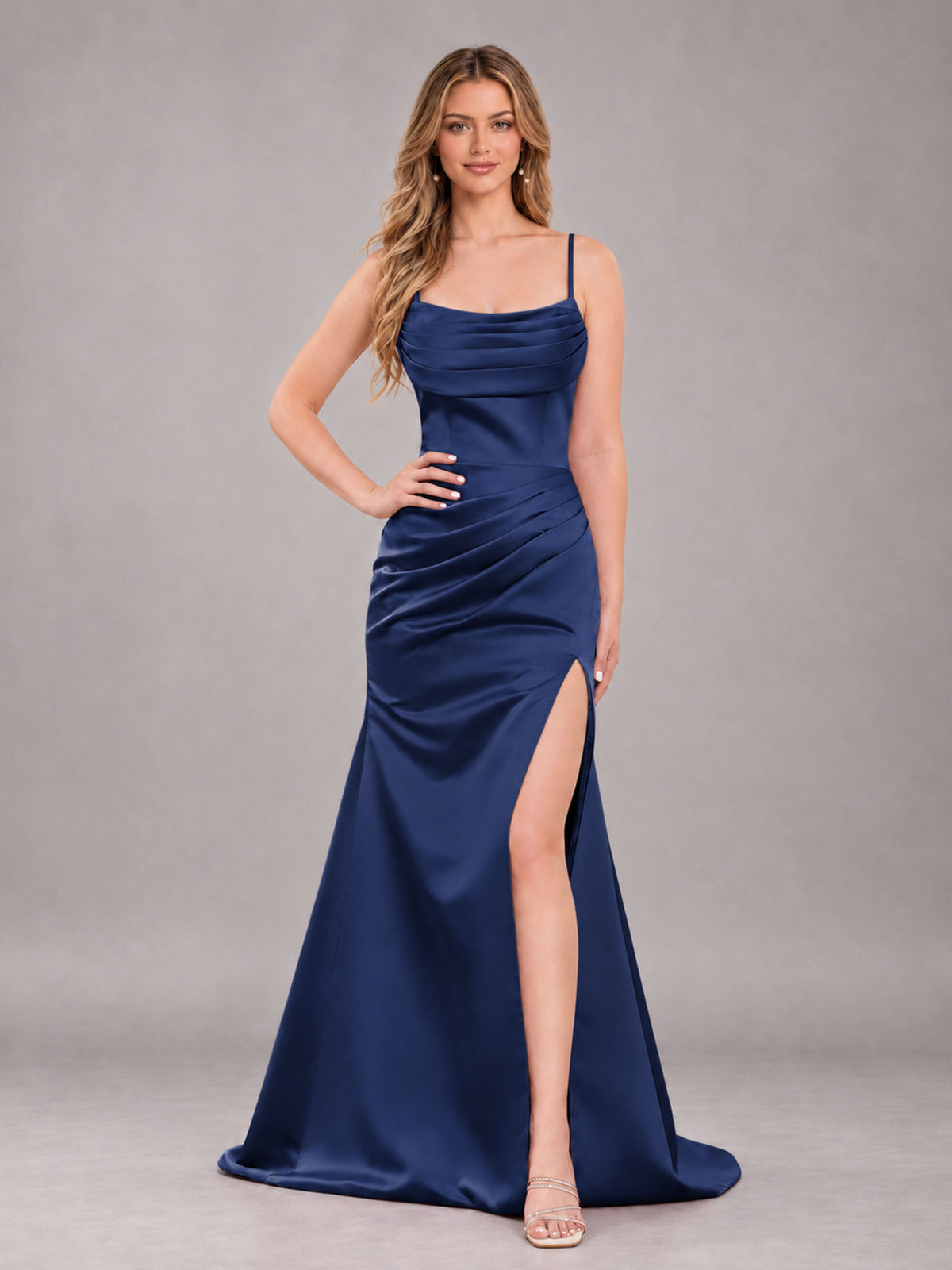 Navy Blue Fashionable Cowl Neck Slit Trumpet Long Satin Bridesmaid Dress