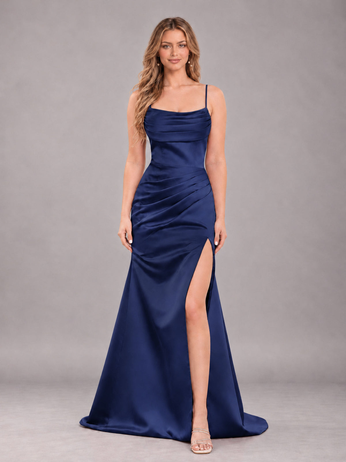 Navy Blue Fashionable Cowl Neck Slit Trumpet Long Satin Bridesmaid Dress