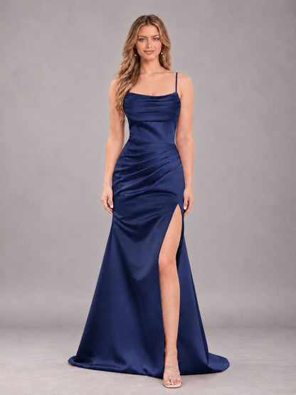 Navy Blue Fashionable Cowl Neck Slit Trumpet Long Satin Bridesmaid Dress