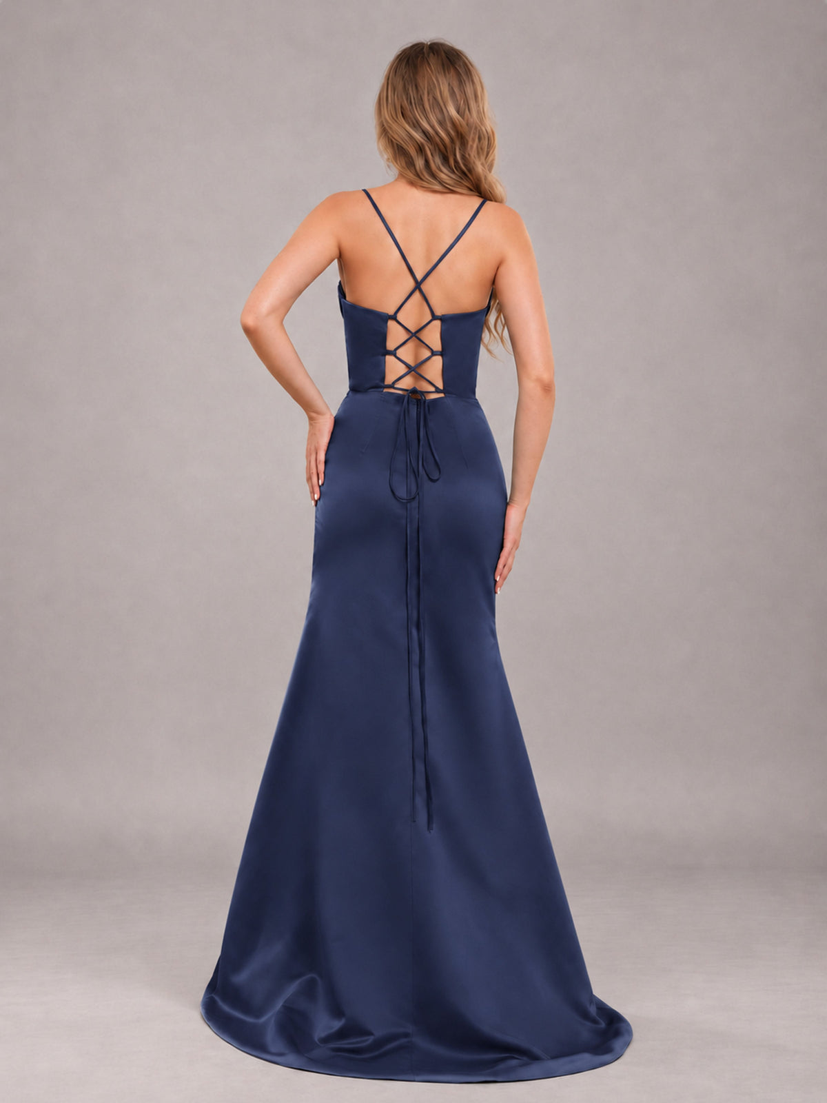 Navy Blue Fashionable Cowl Neck Slit Trumpet Long Satin Bridesmaid Dress