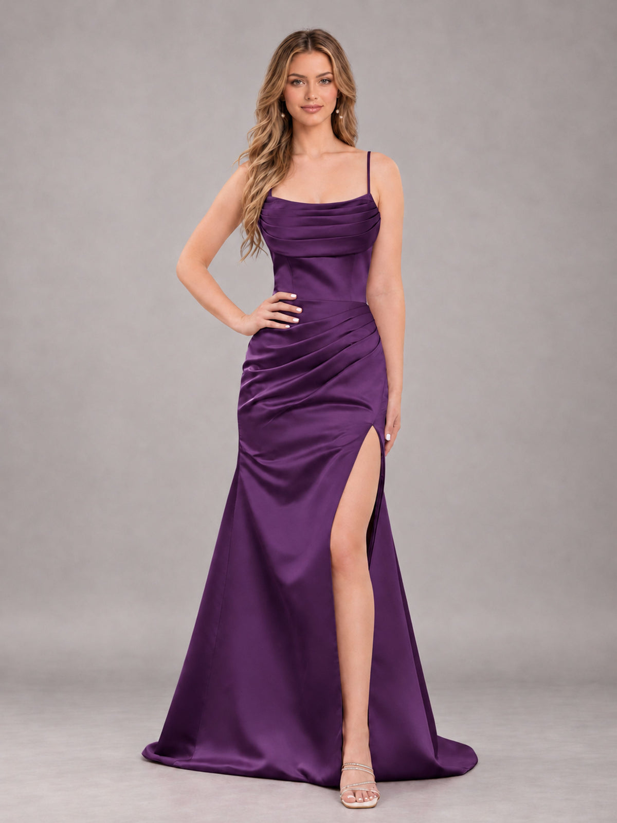 Plum Fashionable Cowl Neck Slit Trumpet Long Satin Bridesmaid Dress