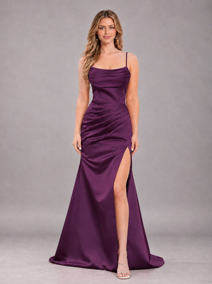 Plum Fashionable Cowl Neck Slit Trumpet Long Satin Bridesmaid Dress