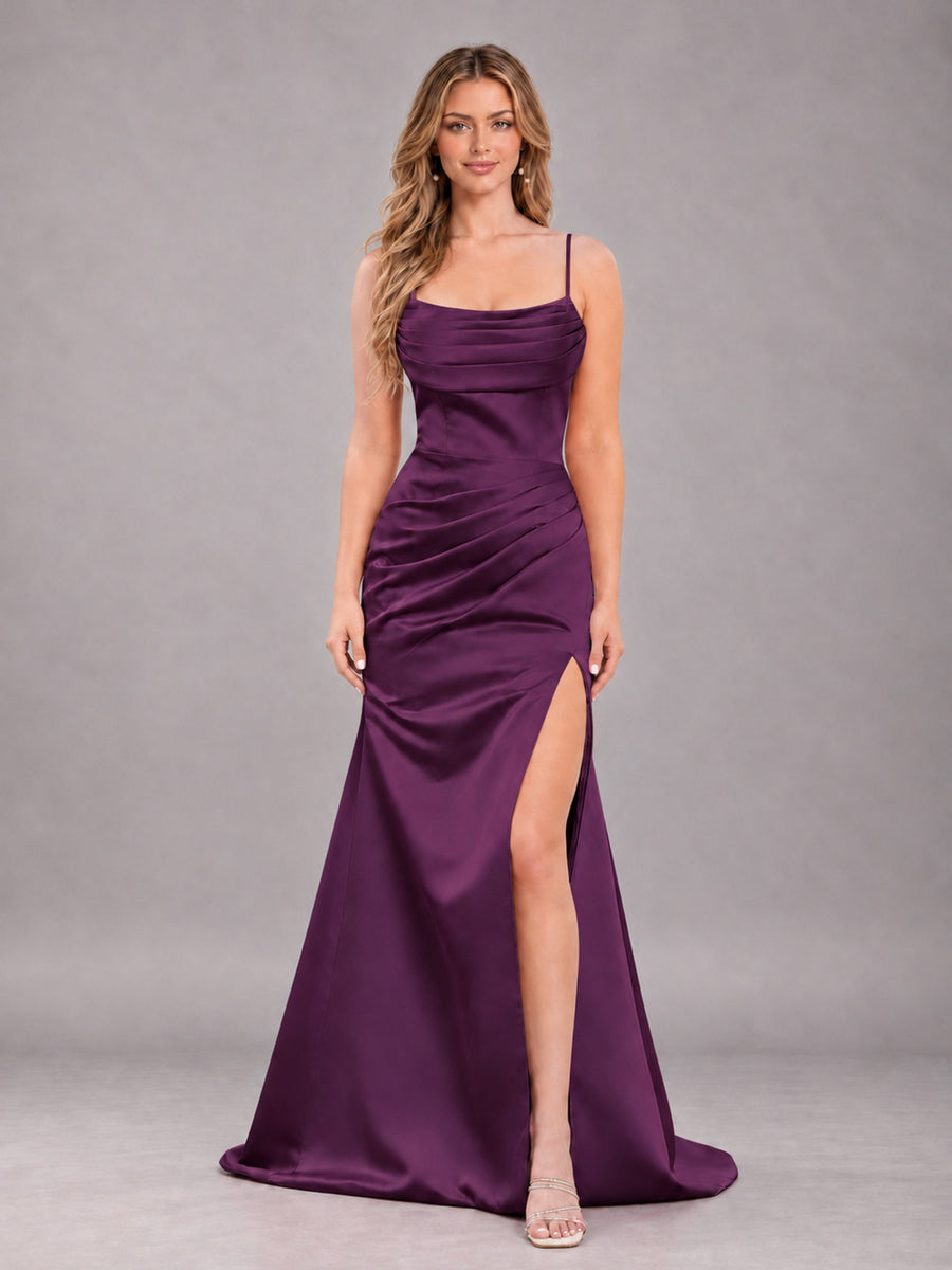 Plum Fashionable Cowl Neck Slit Trumpet Long Satin Bridesmaid Dress