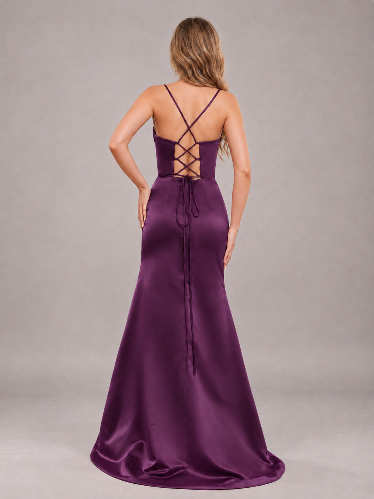 Plum Fashionable Cowl Neck Slit Trumpet Long Satin Bridesmaid Dress