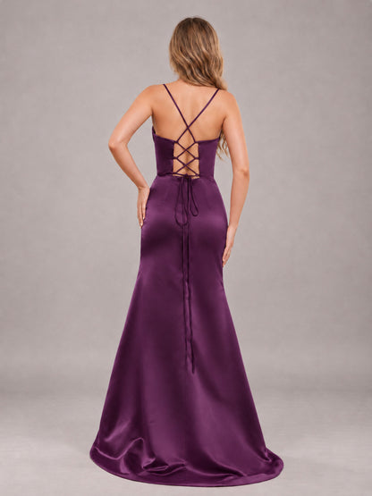 Plum Fashionable Cowl Neck Slit Trumpet Long Satin Bridesmaid Dress