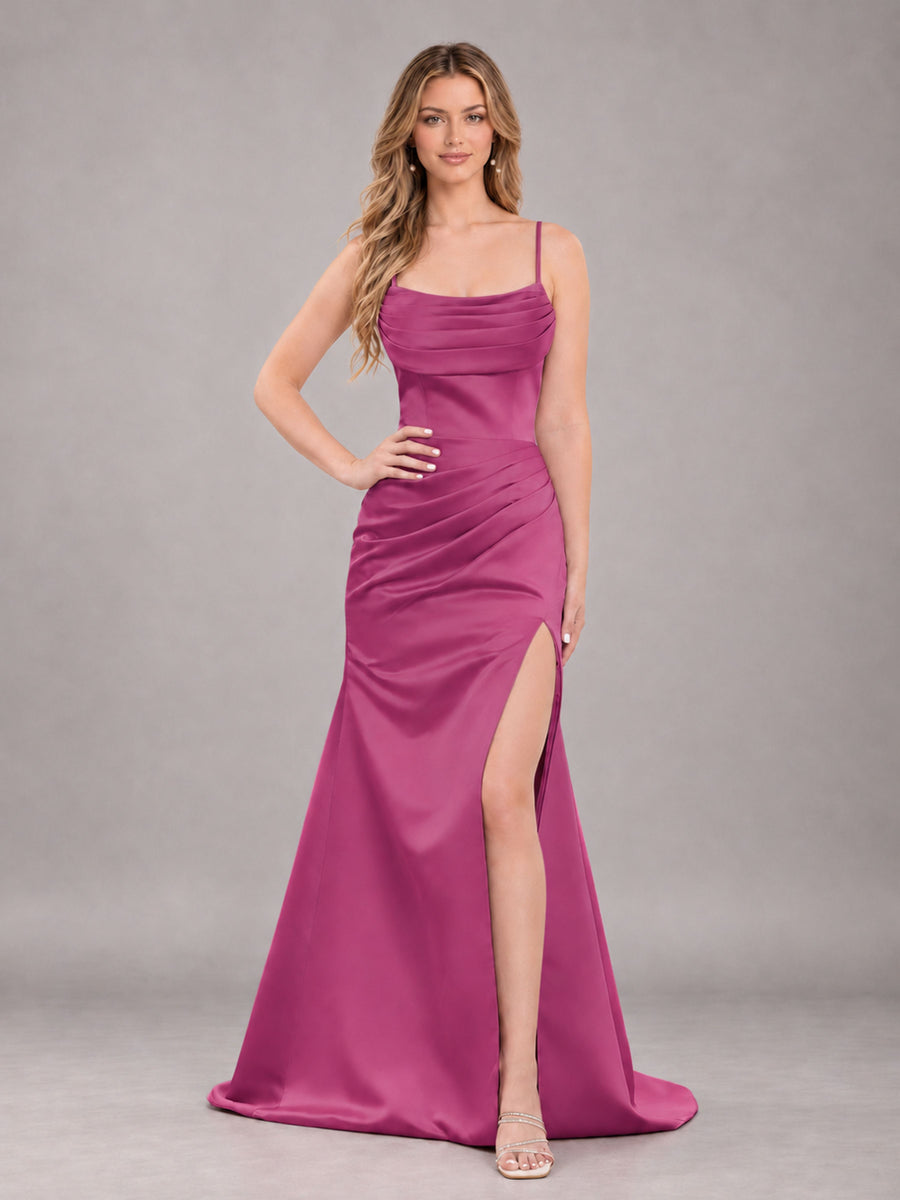 Raspberry Pink Fashionable Cowl Neck Slit Trumpet Long Satin Bridesmaid Dress
