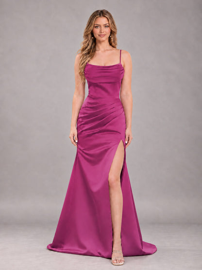 Raspberry Pink Fashionable Cowl Neck Slit Trumpet Long Satin Bridesmaid Dress