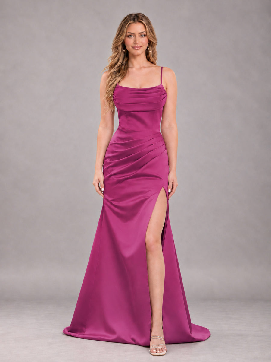 Raspberry Pink Fashionable Cowl Neck Slit Trumpet Long Satin Bridesmaid Dress