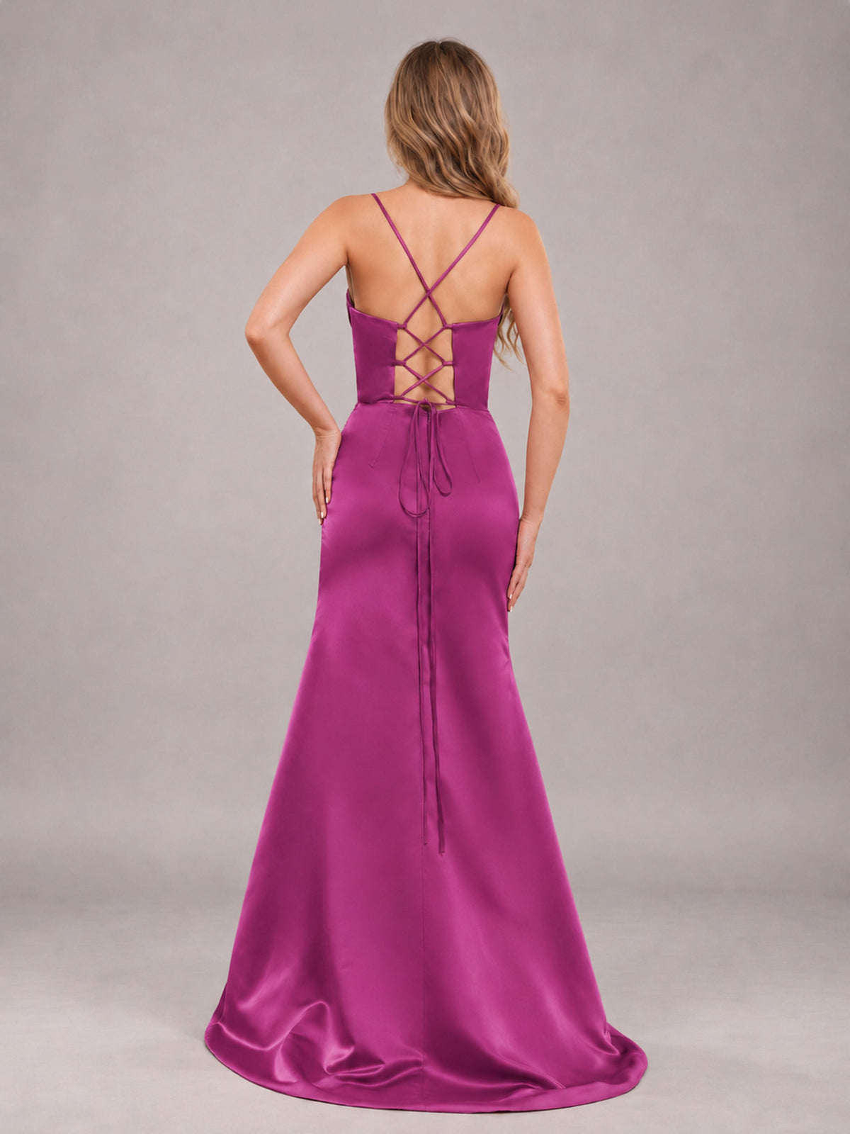 Raspberry Pink Fashionable Cowl Neck Slit Trumpet Long Satin Bridesmaid Dress