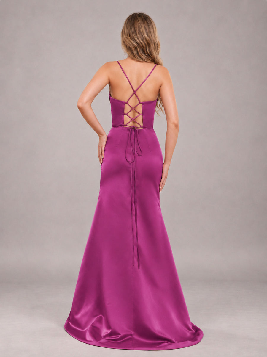 Raspberry Pink Fashionable Cowl Neck Slit Trumpet Long Satin Bridesmaid Dress