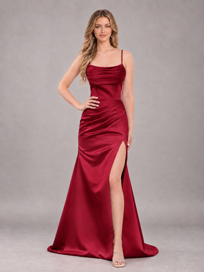 Red Fashionable Cowl Neck Slit Trumpet Long Satin Bridesmaid Dress