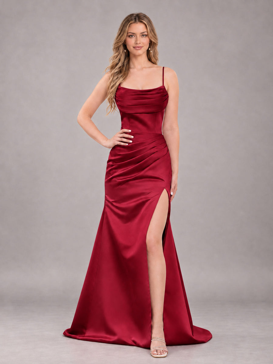 Red Fashionable Cowl Neck Slit Trumpet Long Satin Bridesmaid Dress
