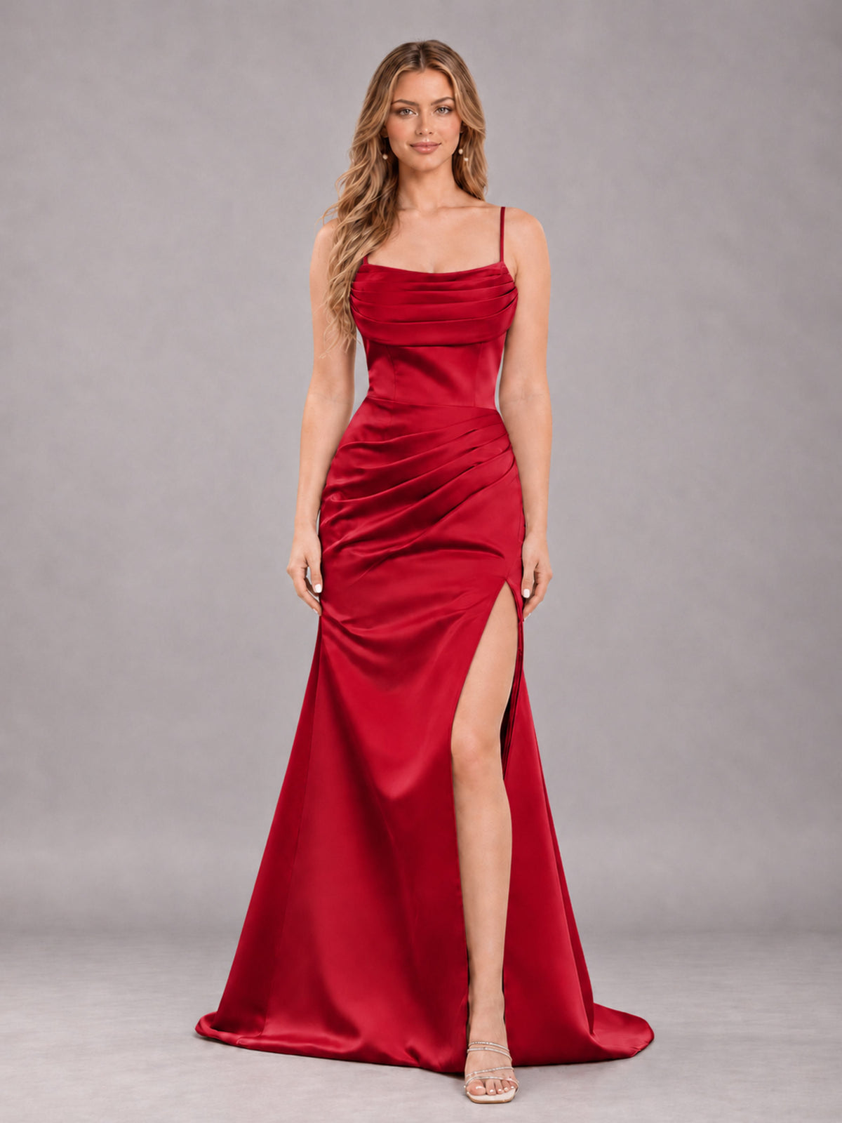 Red Fashionable Cowl Neck Slit Trumpet Long Satin Bridesmaid Dress
