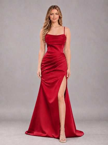 Red Fashionable Cowl Neck Slit Trumpet Long Satin Bridesmaid Dress