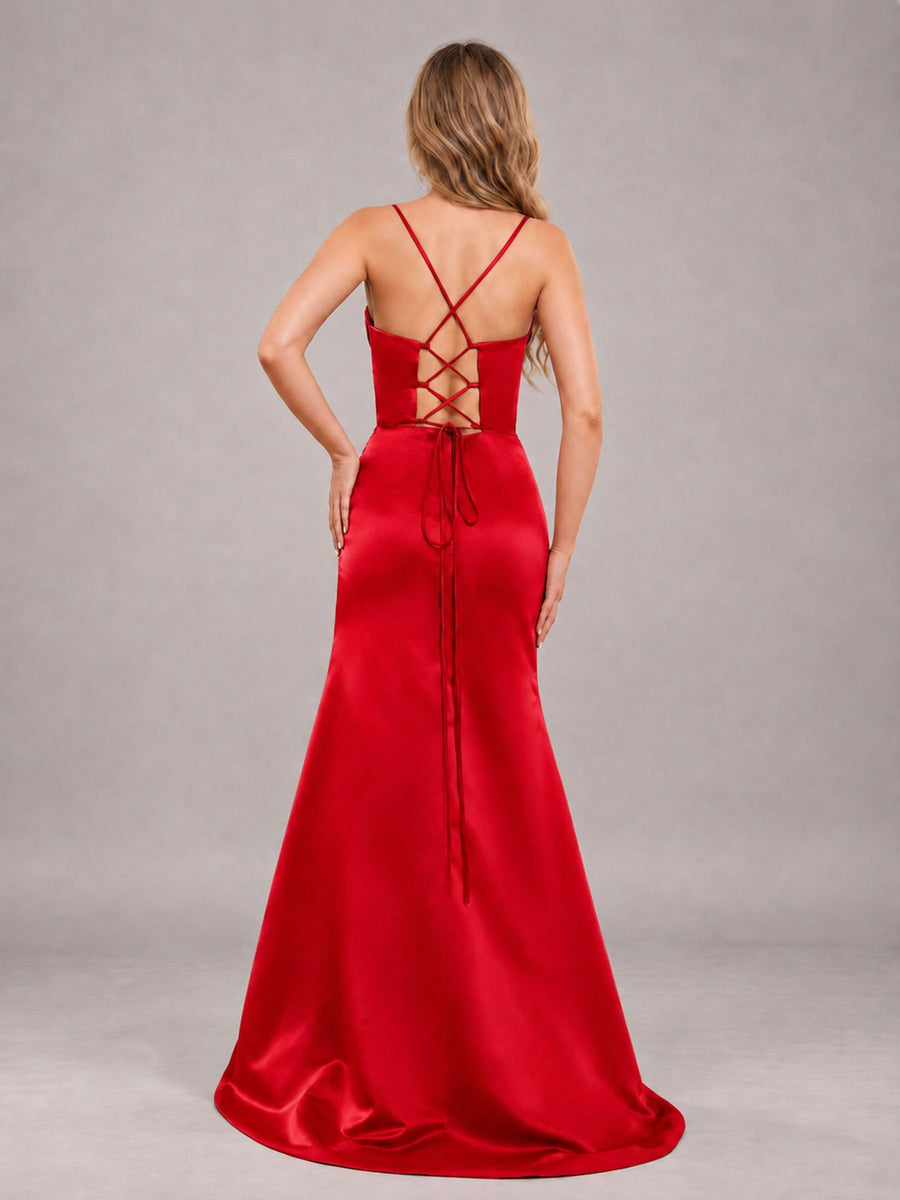 Red Fashionable Cowl Neck Slit Trumpet Long Satin Bridesmaid Dress