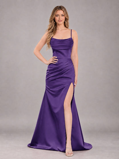 Regency Fashionable Cowl Neck Slit Trumpet Long Satin Bridesmaid Dress