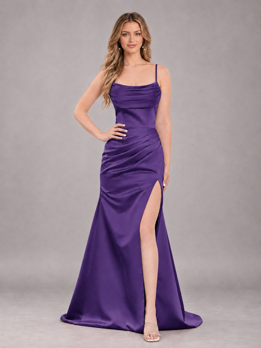 Regency Fashionable Cowl Neck Slit Trumpet Long Satin Bridesmaid Dress