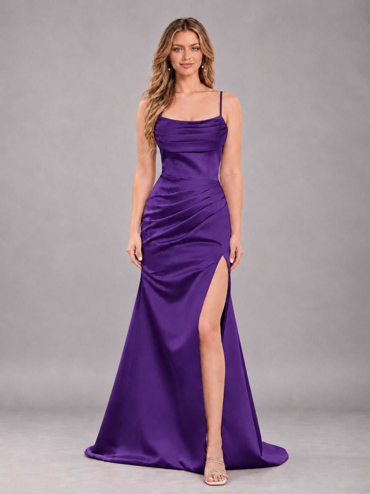 Regency Fashionable Cowl Neck Slit Trumpet Long Satin Bridesmaid Dress
