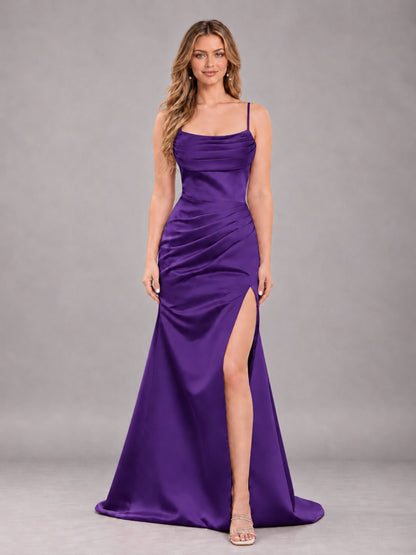 Regency Fashionable Cowl Neck Slit Trumpet Long Satin Bridesmaid Dress