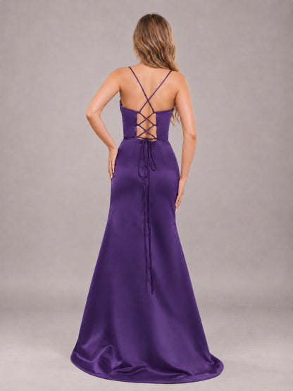Regency Fashionable Cowl Neck Slit Trumpet Long Satin Bridesmaid Dress