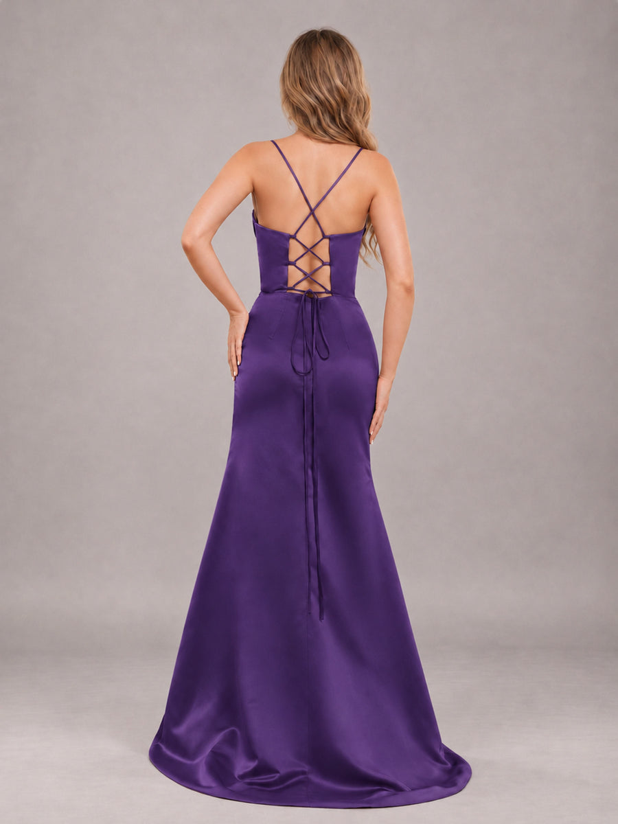 Regency Fashionable Cowl Neck Slit Trumpet Long Satin Bridesmaid Dress