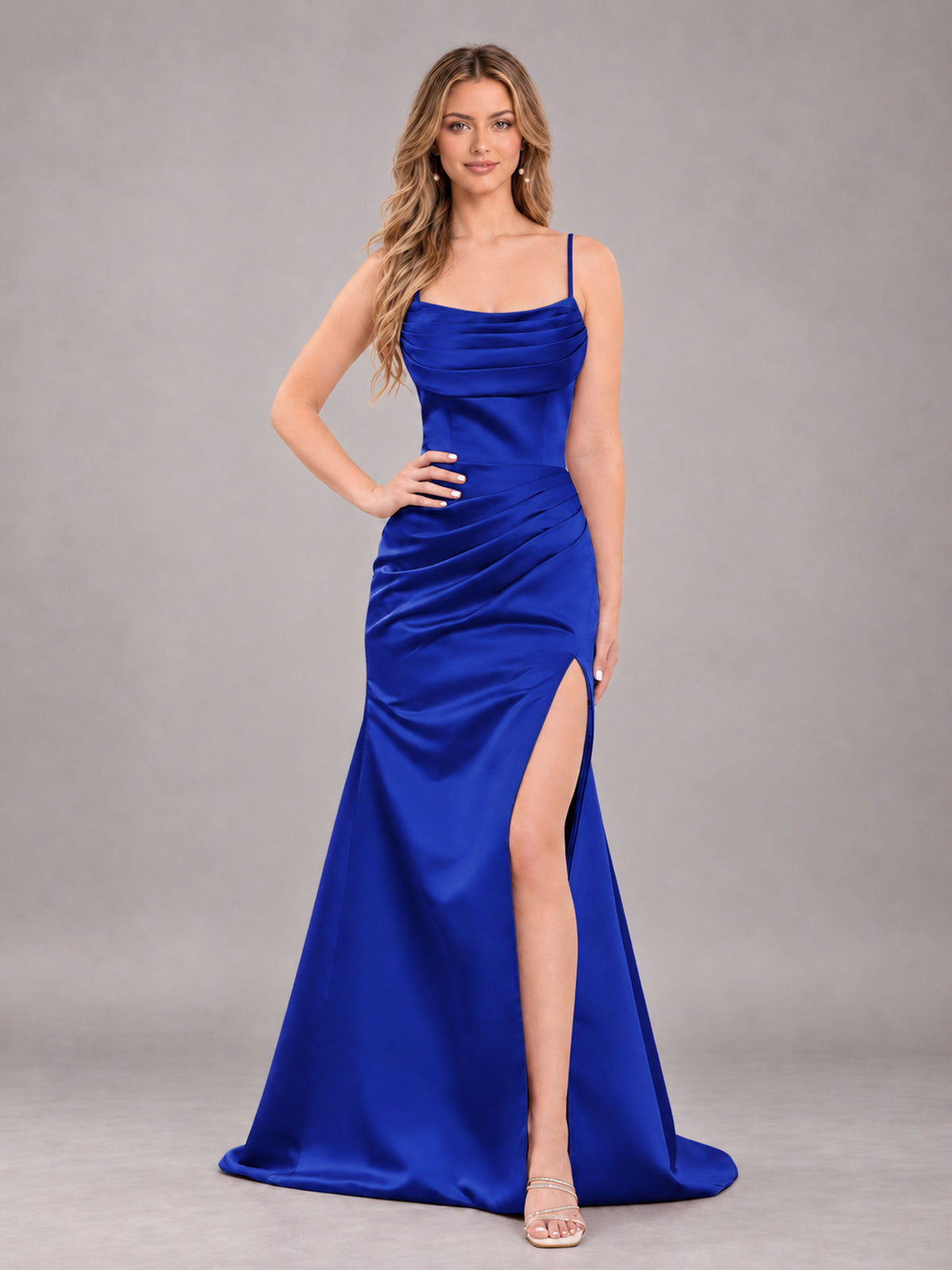 Royal Blue Fashionable Cowl Neck Slit Trumpet Long Satin Bridesmaid Dress