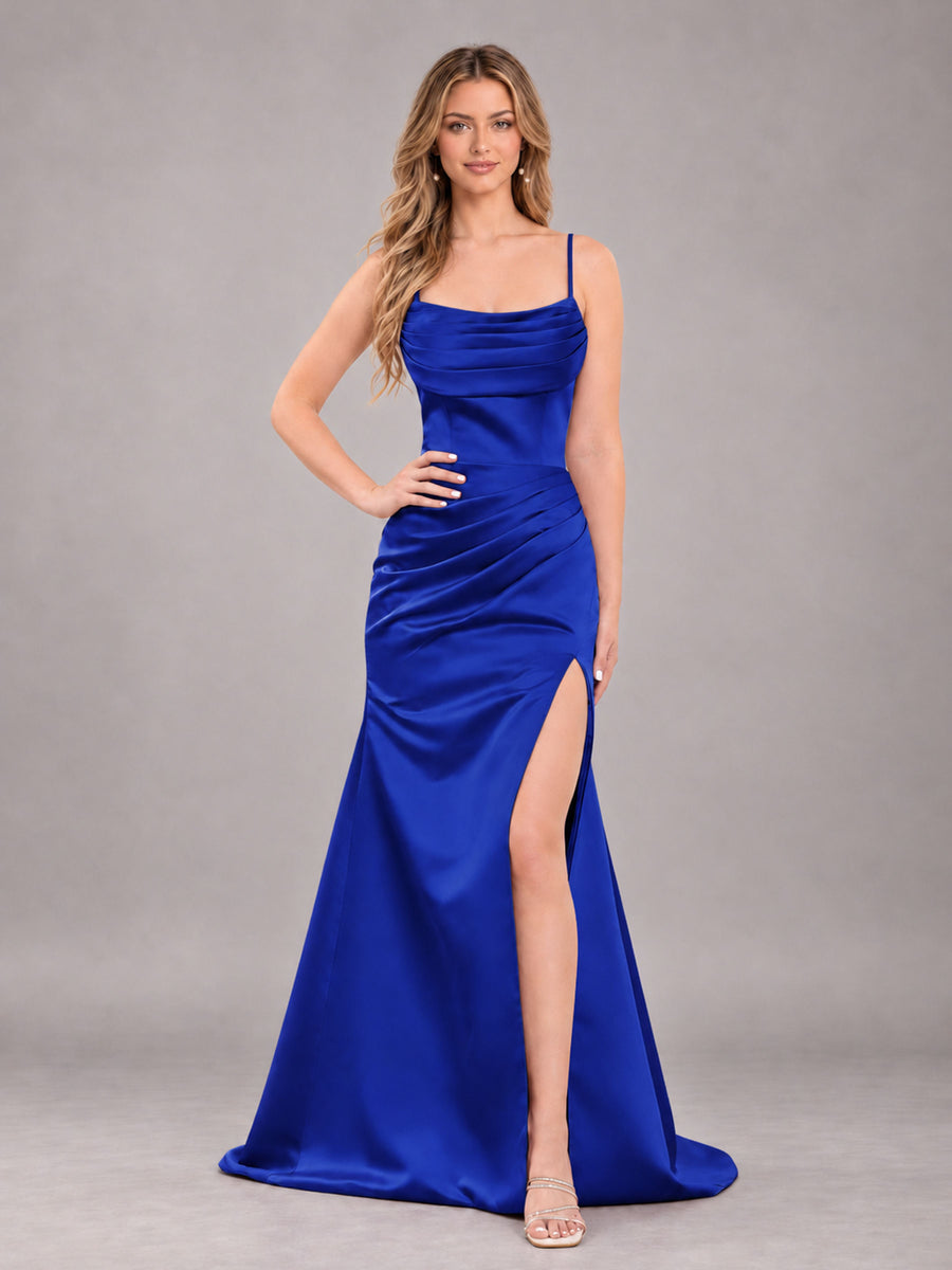 Royal Blue Fashionable Cowl Neck Slit Trumpet Long Satin Bridesmaid Dress