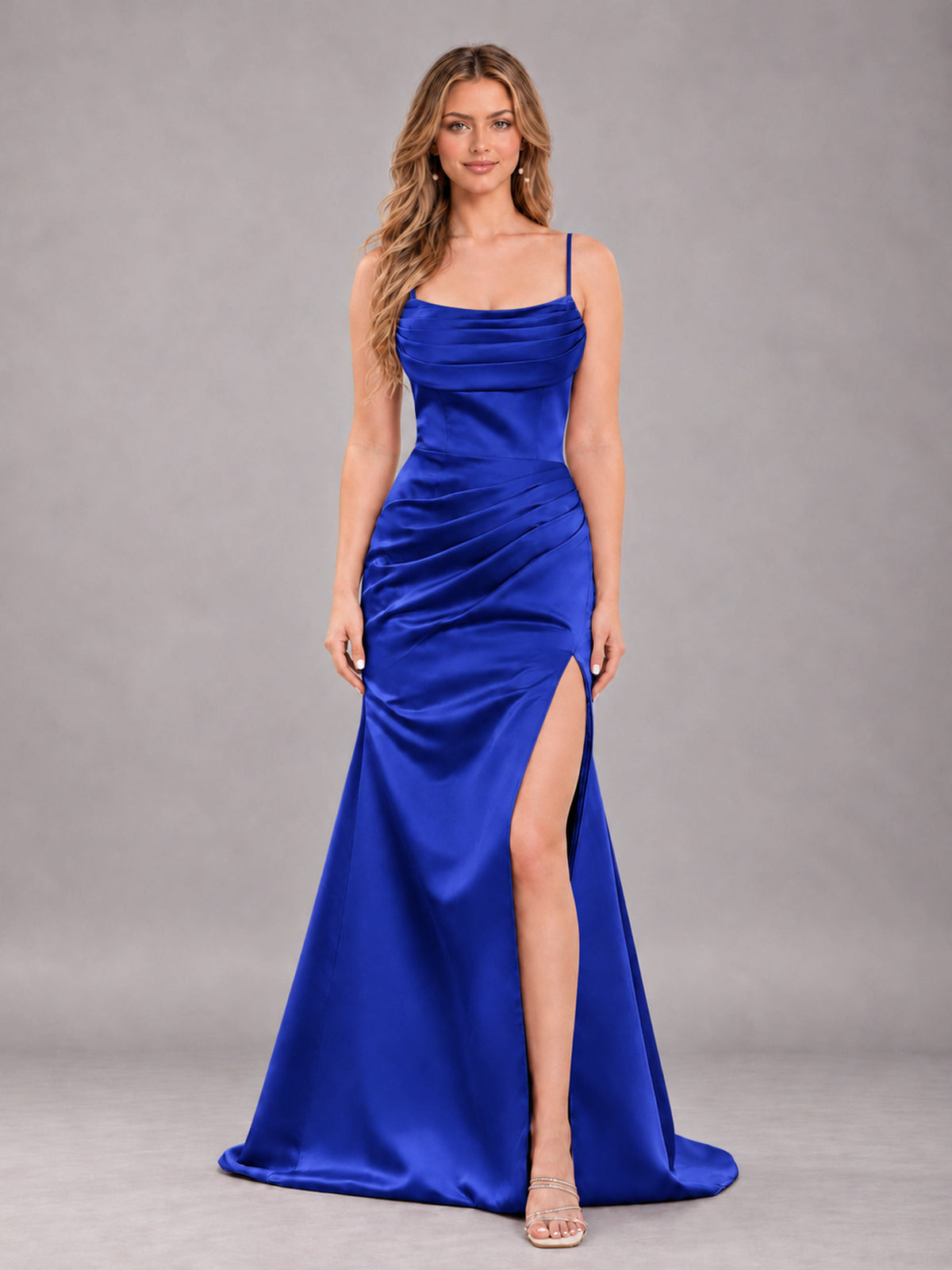 Royal Blue Fashionable Cowl Neck Slit Trumpet Long Satin Bridesmaid Dress