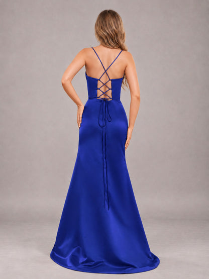 Royal Blue Fashionable Cowl Neck Slit Trumpet Long Satin Bridesmaid Dress