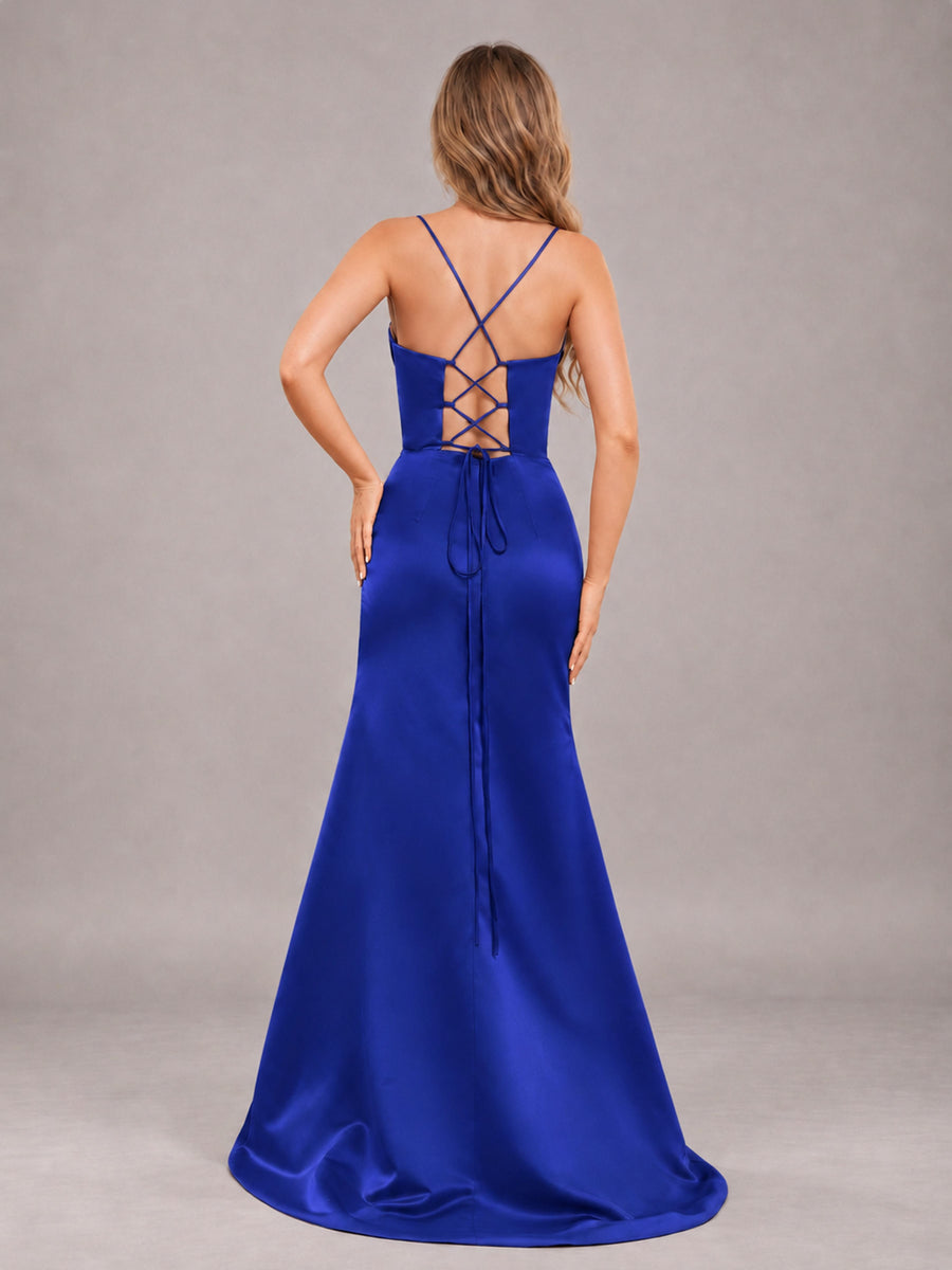 Royal Blue Fashionable Cowl Neck Slit Trumpet Long Satin Bridesmaid Dress