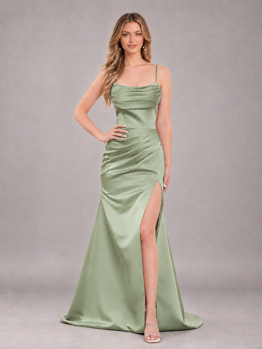 Sage Green Fashionable Cowl Neck Slit Trumpet Long Satin Bridesmaid Dress