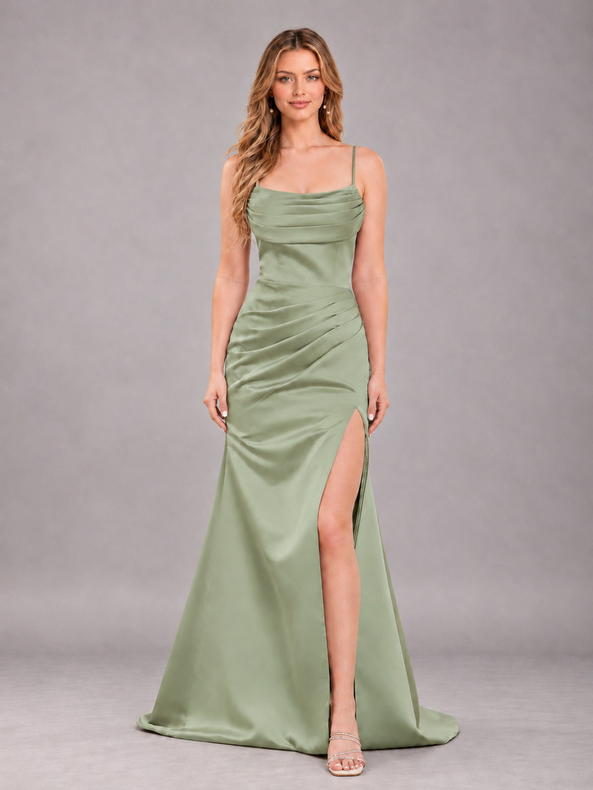 Sage Green Fashionable Cowl Neck Slit Trumpet Long Satin Bridesmaid Dress