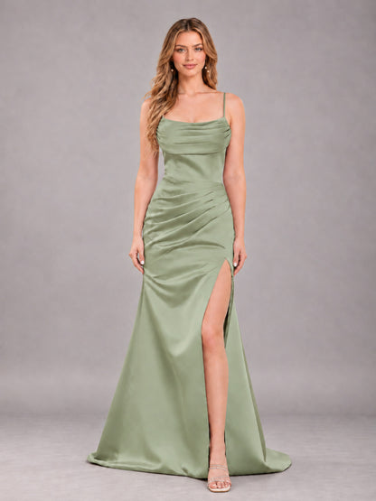 Sage Green Fashionable Cowl Neck Slit Trumpet Long Satin Bridesmaid Dress