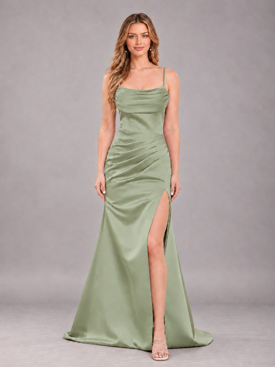 Sage Green Fashionable Cowl Neck Slit Trumpet Long Satin Bridesmaid Dress