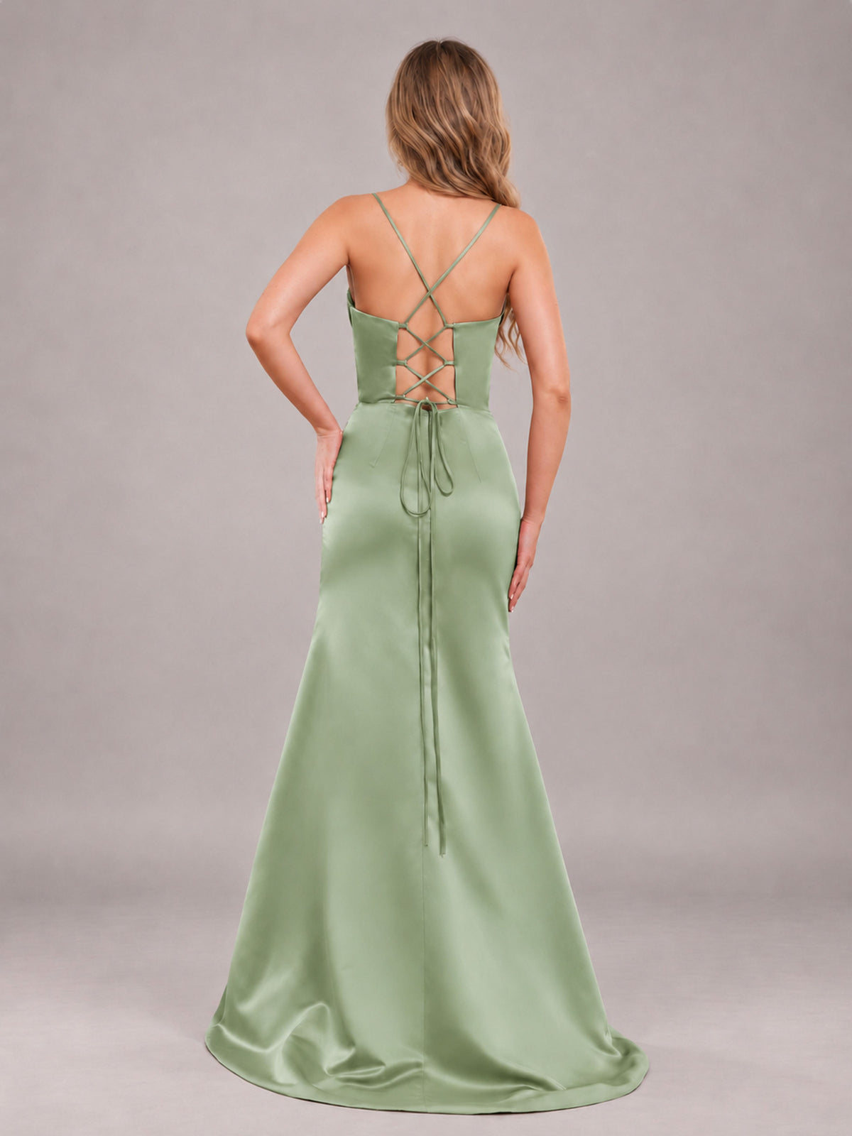 Sage Green Fashionable Cowl Neck Slit Trumpet Long Satin Bridesmaid Dress