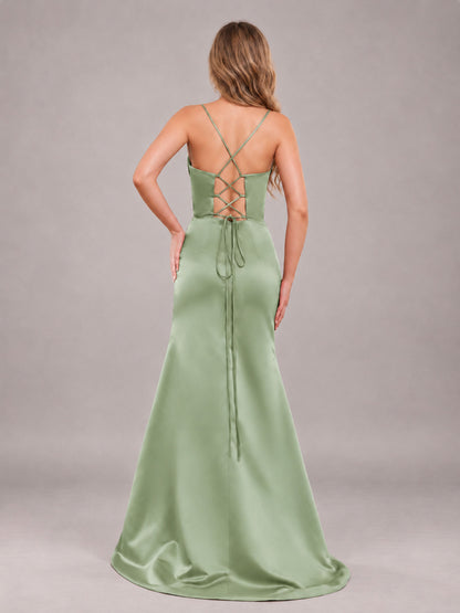 Sage Green Fashionable Cowl Neck Slit Trumpet Long Satin Bridesmaid Dress