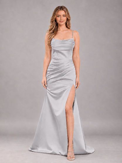 Silver Fashionable Cowl Neck Slit Trumpet Long Satin Bridesmaid Dress