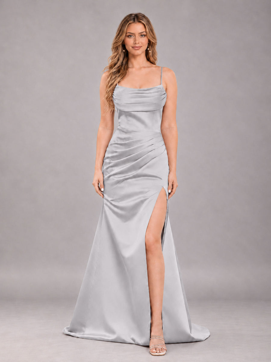 Silver Fashionable Cowl Neck Slit Trumpet Long Satin Bridesmaid Dress