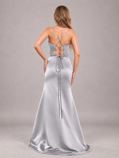 Silver Fashionable Cowl Neck Slit Trumpet Long Satin Bridesmaid Dress