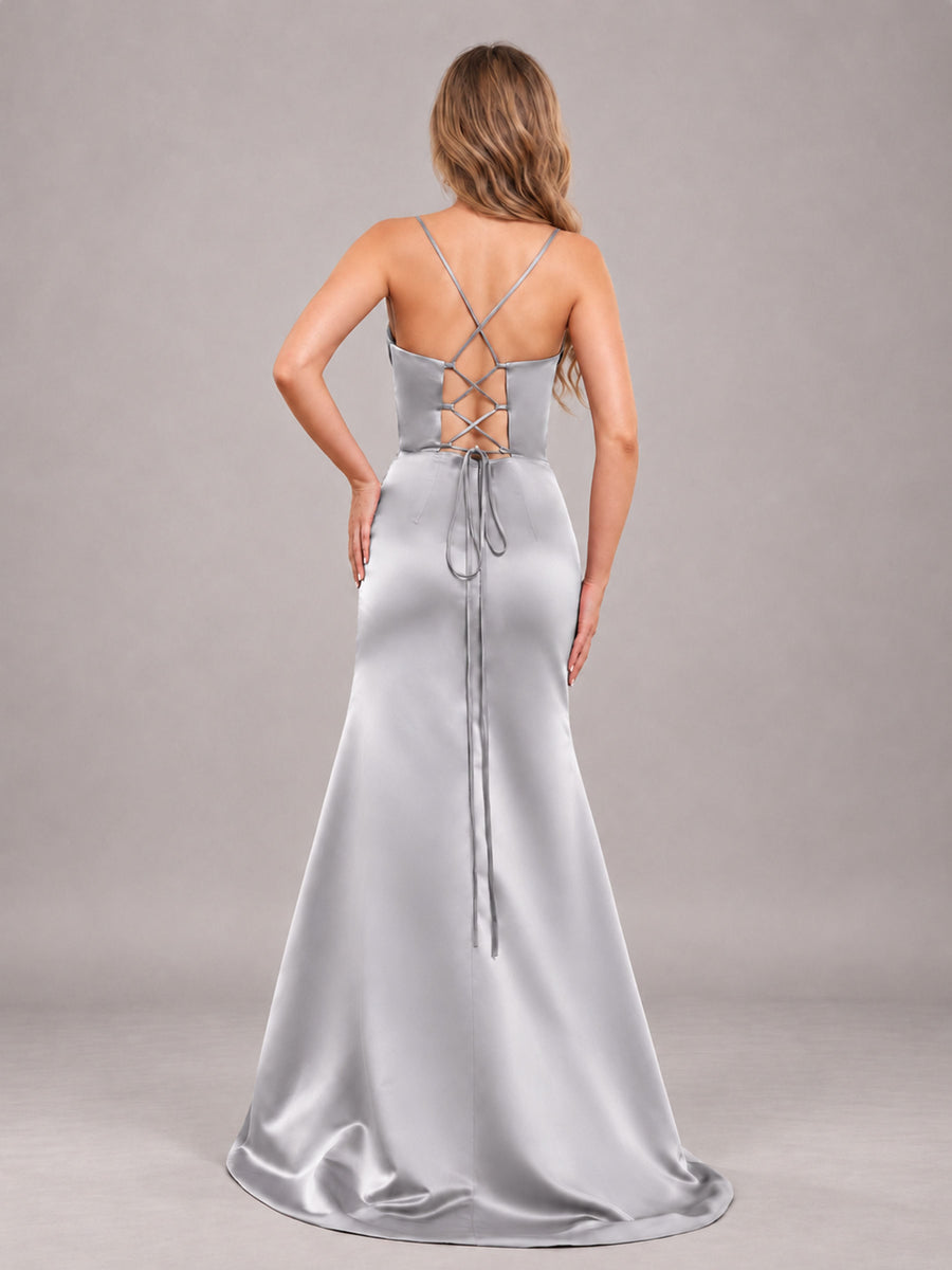 Silver Fashionable Cowl Neck Slit Trumpet Long Satin Bridesmaid Dress