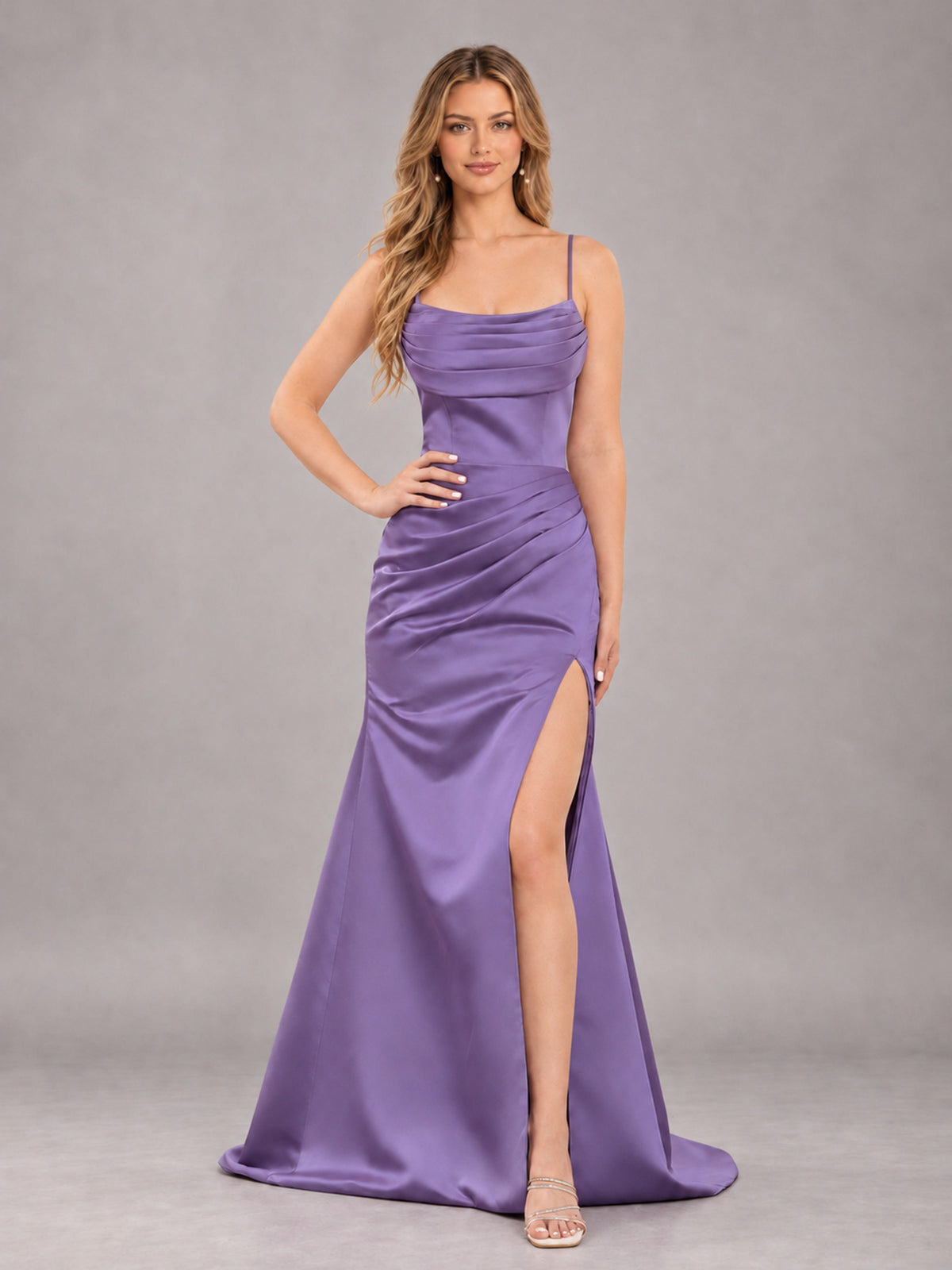 Tahiti Fashionable Cowl Neck Slit Trumpet Long Satin Bridesmaid Dress