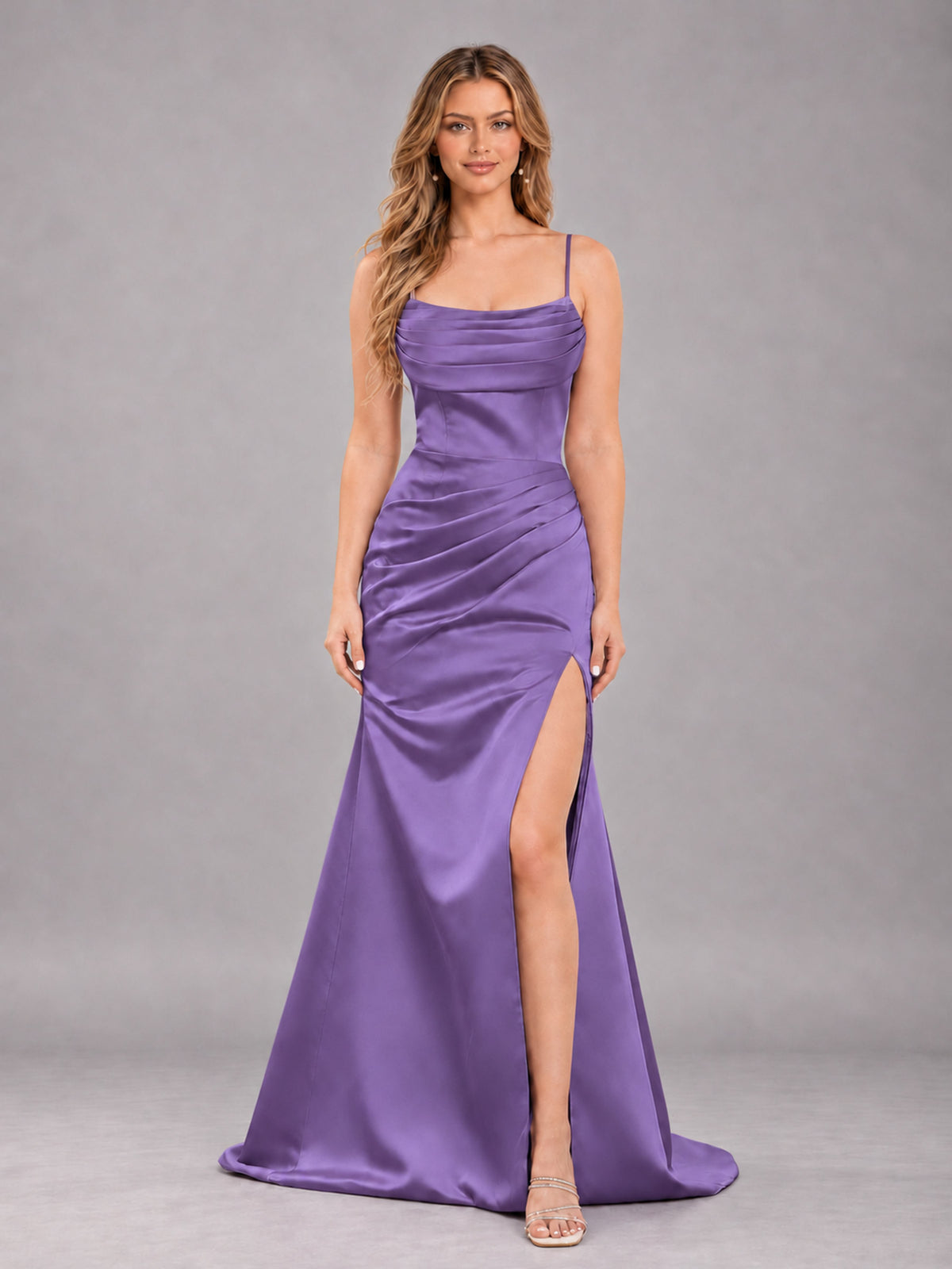 Tahiti Fashionable Cowl Neck Slit Trumpet Long Satin Bridesmaid Dress