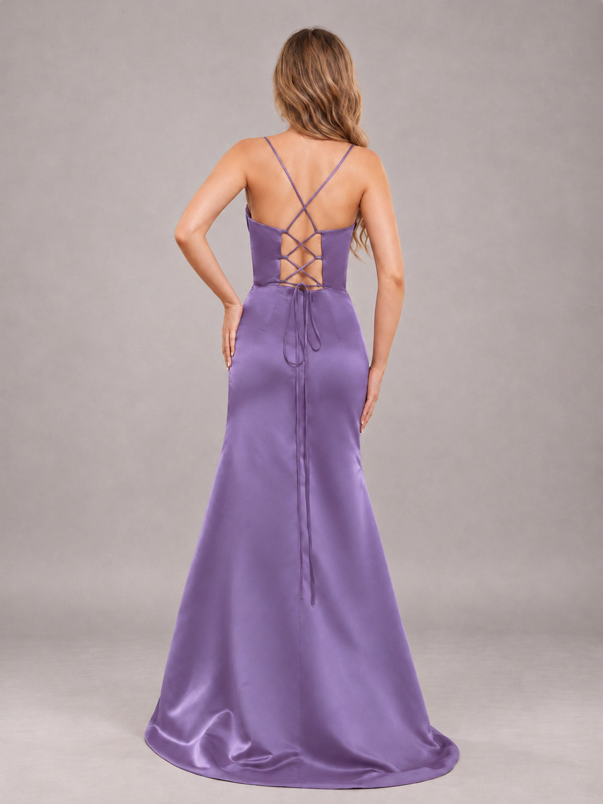 Tahiti Fashionable Cowl Neck Slit Trumpet Long Satin Bridesmaid Dress