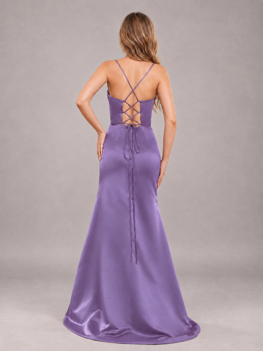 Tahiti Fashionable Cowl Neck Slit Trumpet Long Satin Bridesmaid Dress